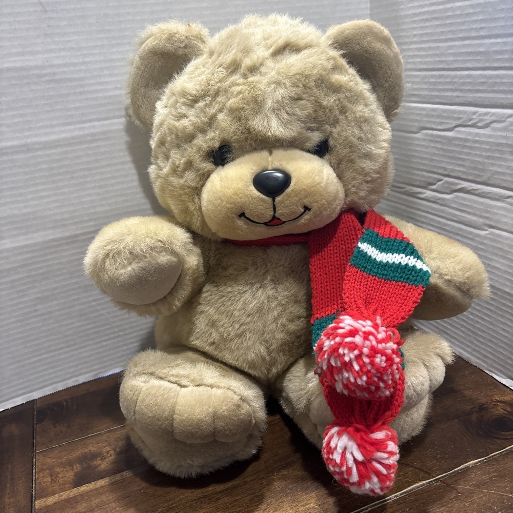 Vintage‎ 1987 Roses Department Store 14" Stuffed Teddy Bear Green Red Scarf
